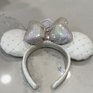 White Quilted Bridal Disney Ear Headband with Iridescent Bow